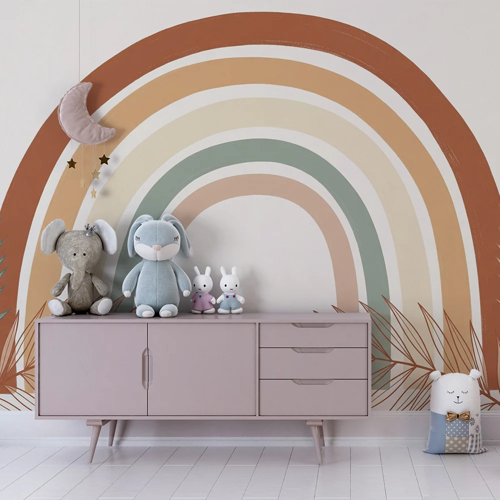 Papier peint chambre bébé | Arc-en-ciel pastel entouré de feuillage tropical