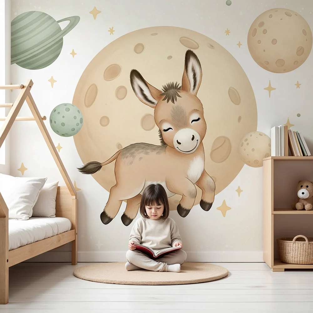 Papier peint chambre bébé | Âne astronaute et planètes
