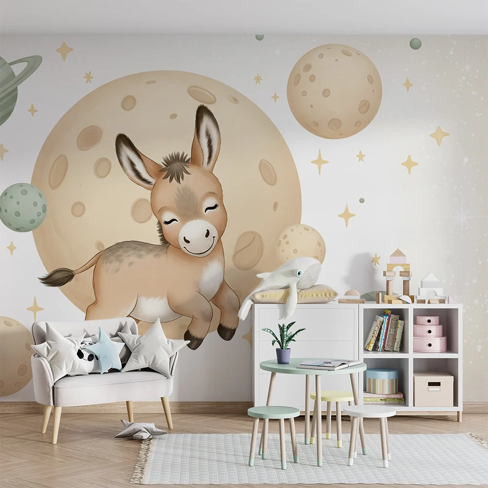 Papier peint chambre bébé | Âne astronaute et planètes