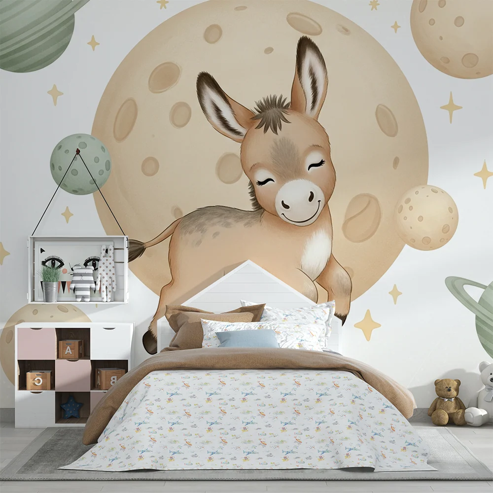 Papier peint chambre bébé | Âne astronaute et planètes