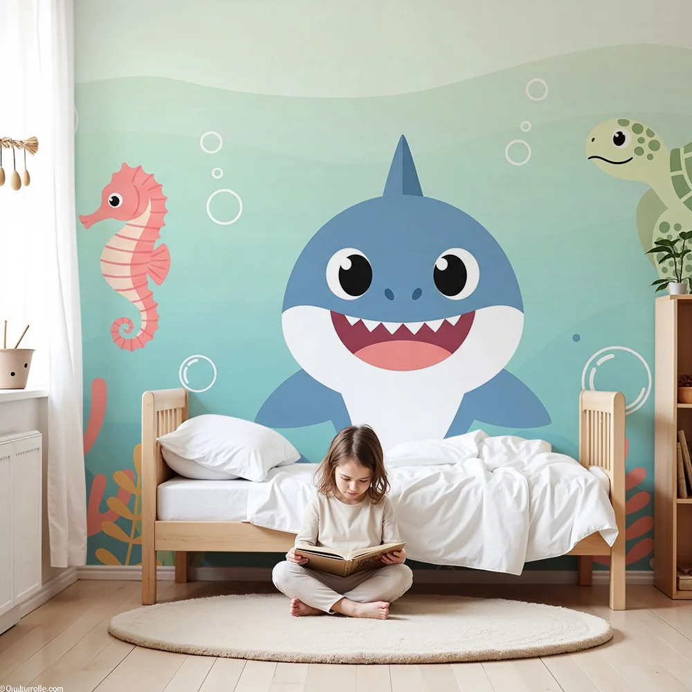 Papier peint chambre bébé | Aventure sous-marine avec requin hippocampe et tortue