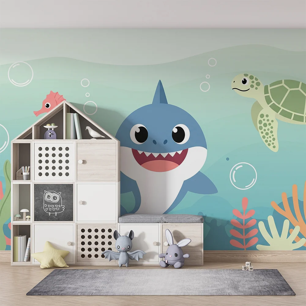 Papier peint chambre bébé | Aventure sous-marine avec requin hippocampe et tortue