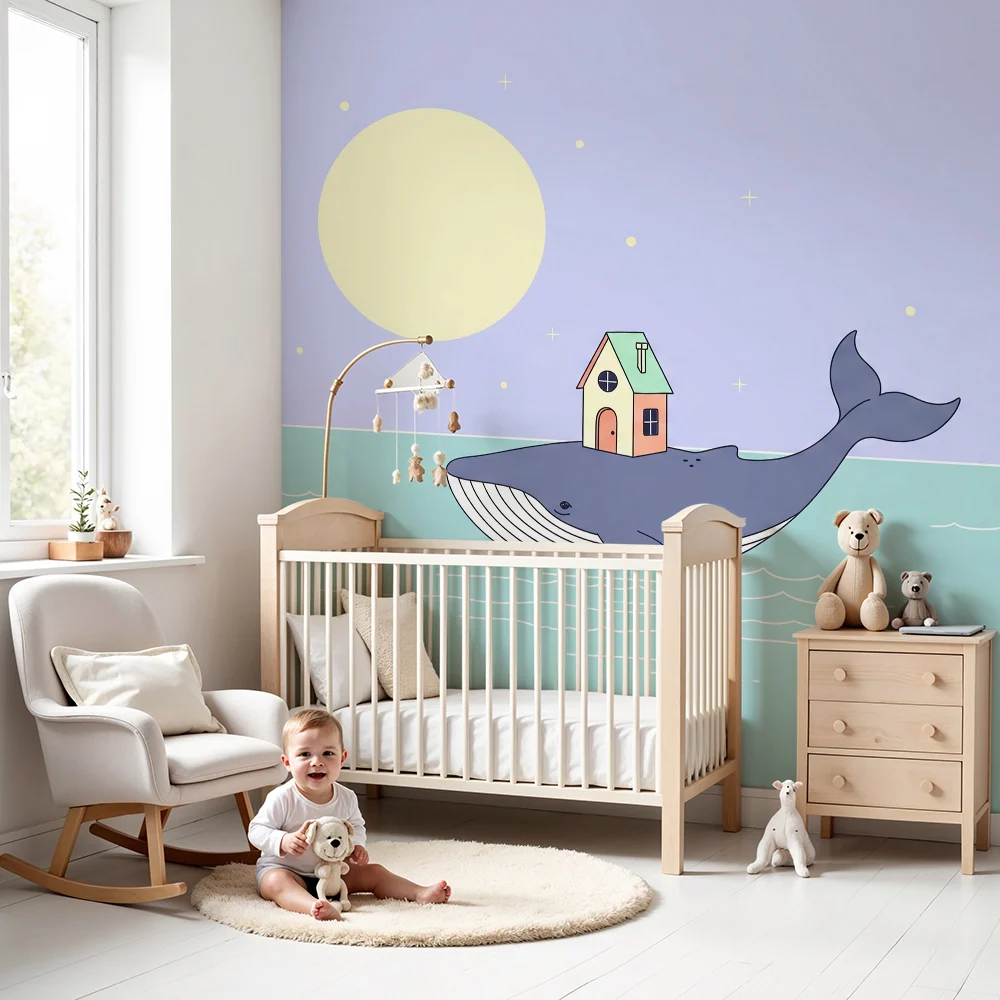 Papier peint chambre bébé | Baleine joyeuse avec maison sur le dos sous la lune
