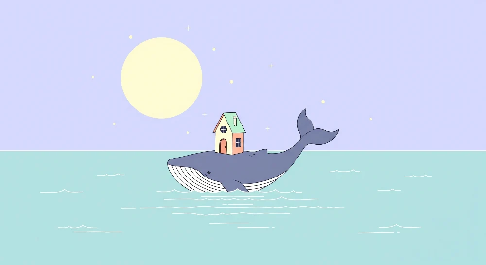 Papier peint chambre bébé | Baleine joyeuse avec maison sur le dos sous la lune