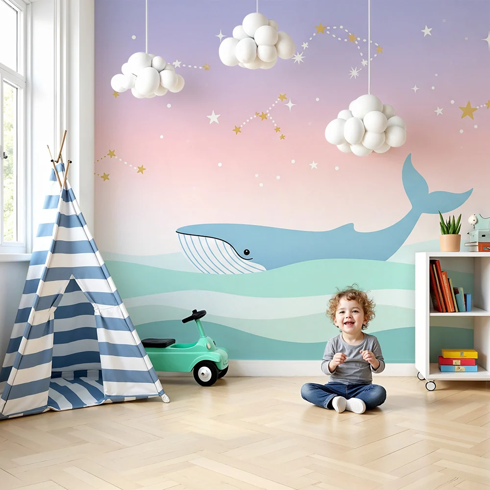 Papier peint chambre bébé | Baleine nageant sous un ciel étoilé