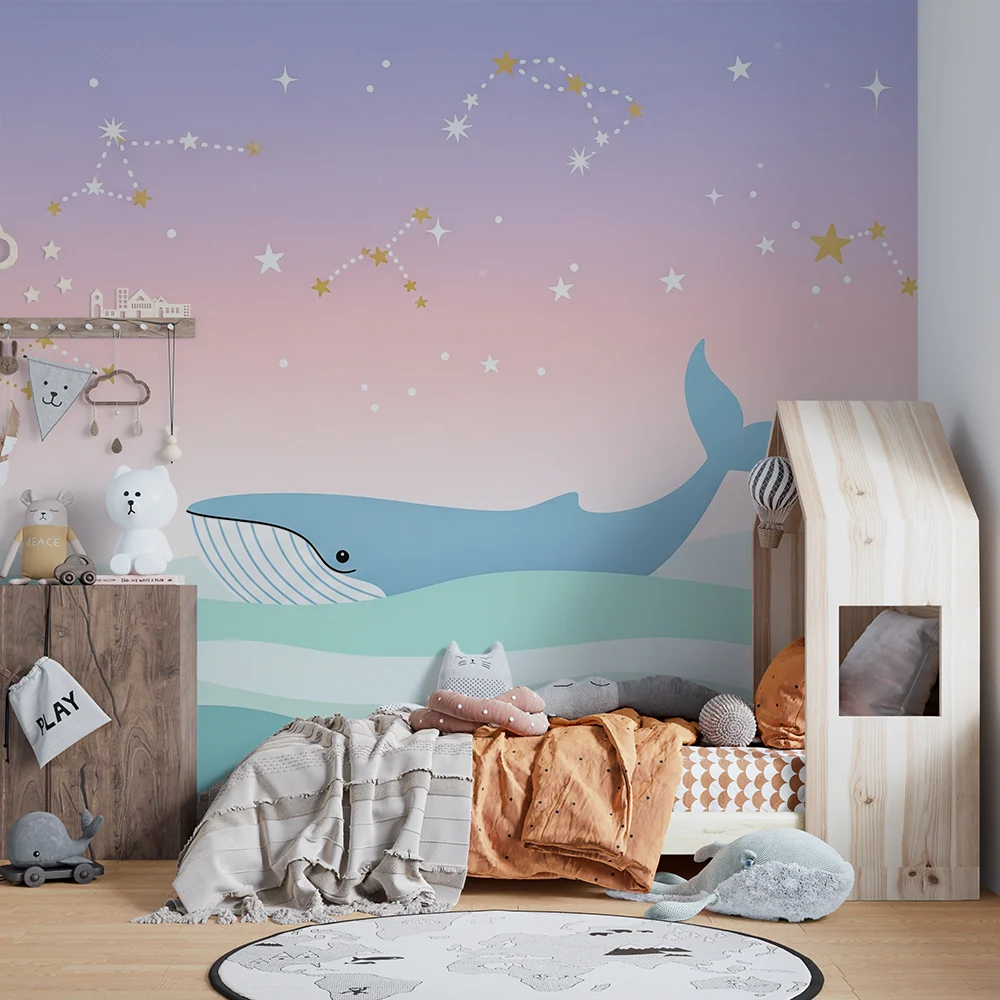 Papier peint chambre bébé | Baleine nageant sous un ciel étoilé