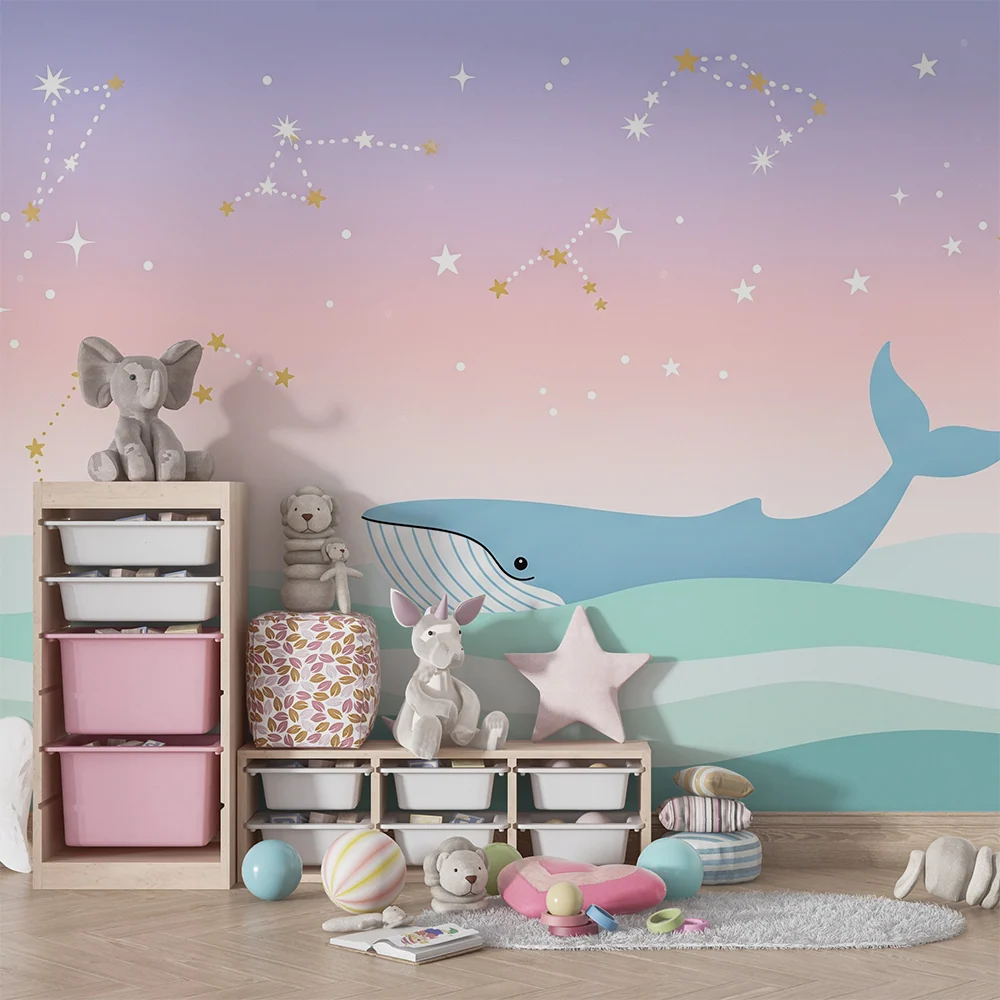 Papier peint chambre bébé | Baleine nageant sous un ciel étoilé