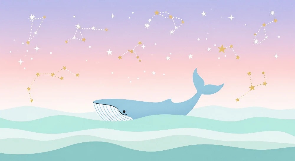 Papier peint chambre bébé | Baleine nageant sous un ciel étoilé