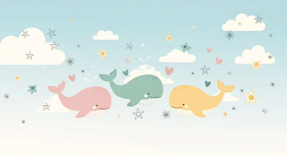 Papier peint chambre bébé | Baleines colorées et nuages doux