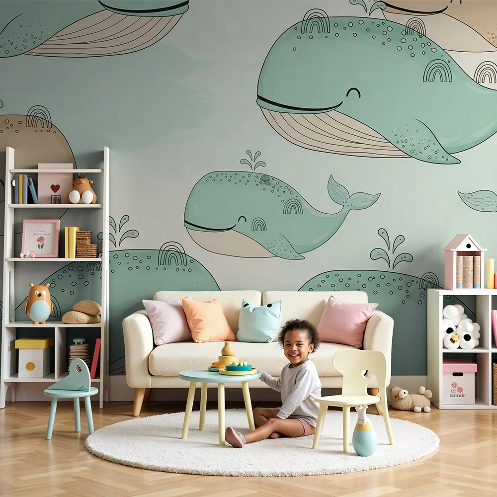 Papier peint chambre bébé | Baleines joyeuses et arc-en-ciel