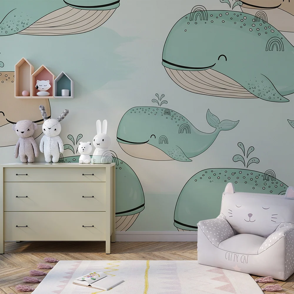 Papier peint chambre bébé | Baleines joyeuses et arc-en-ciel