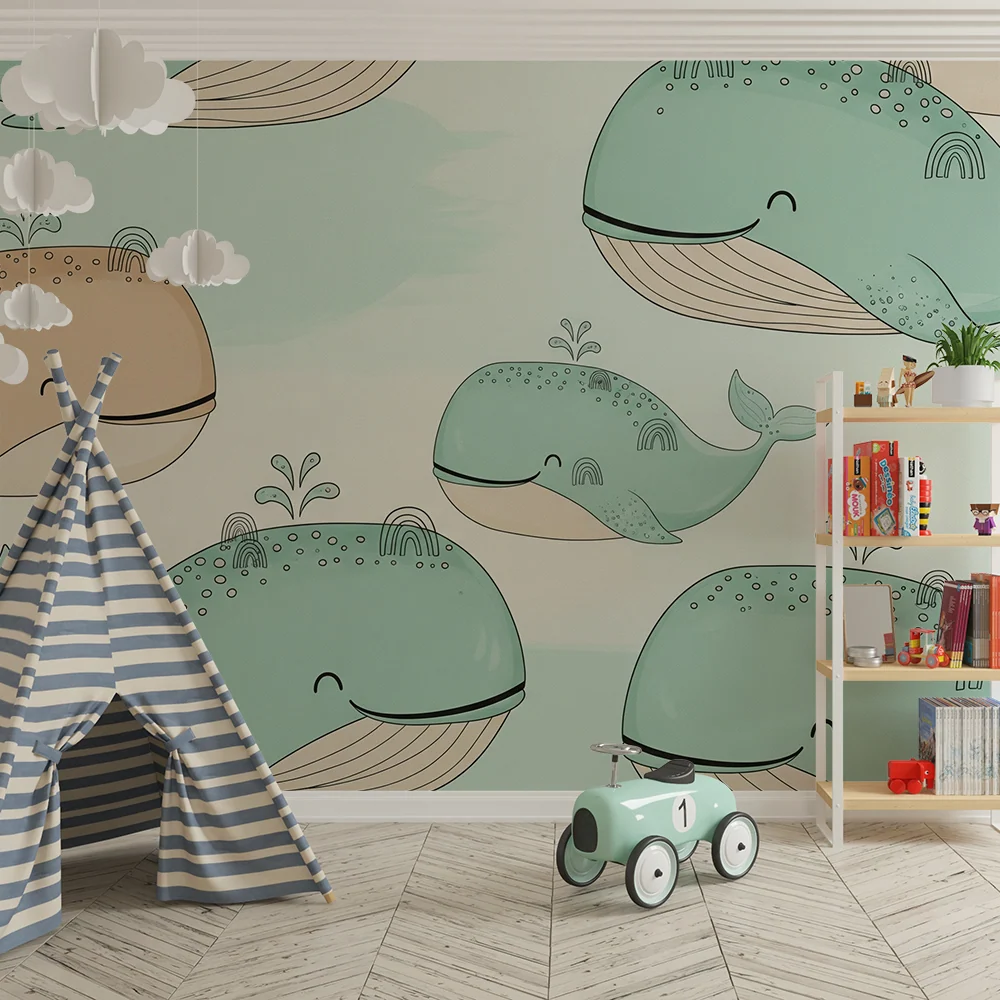 Papier peint chambre bébé | Baleines joyeuses et arc-en-ciel