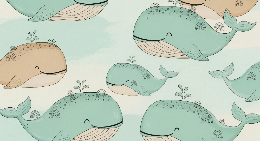 Papier peint chambre bébé | Baleines joyeuses et arc-en-ciel