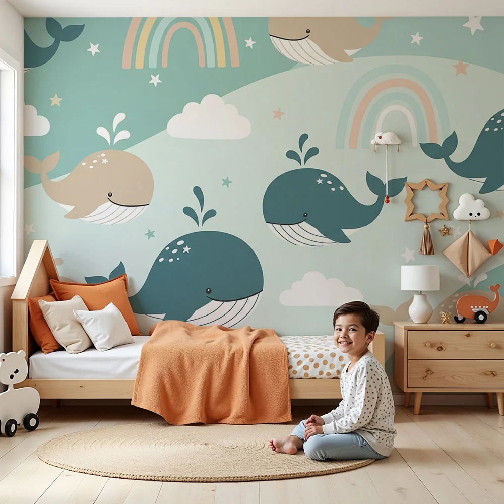 Papier peint chambre bébé | Baleines joyeuses et arcs-en-ciel