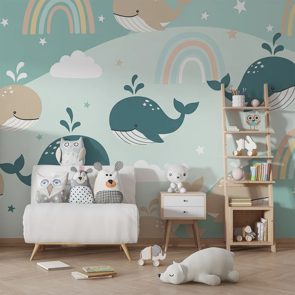 Papier peint chambre bébé | Baleines joyeuses et arcs-en-ciel