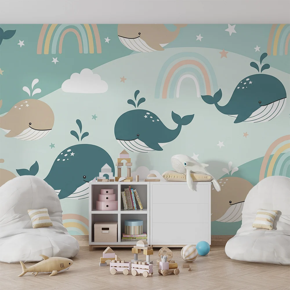 Papier peint chambre bébé | Baleines joyeuses et arcs-en-ciel