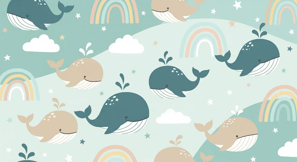 Papier peint chambre bébé | Baleines joyeuses et arcs-en-ciel