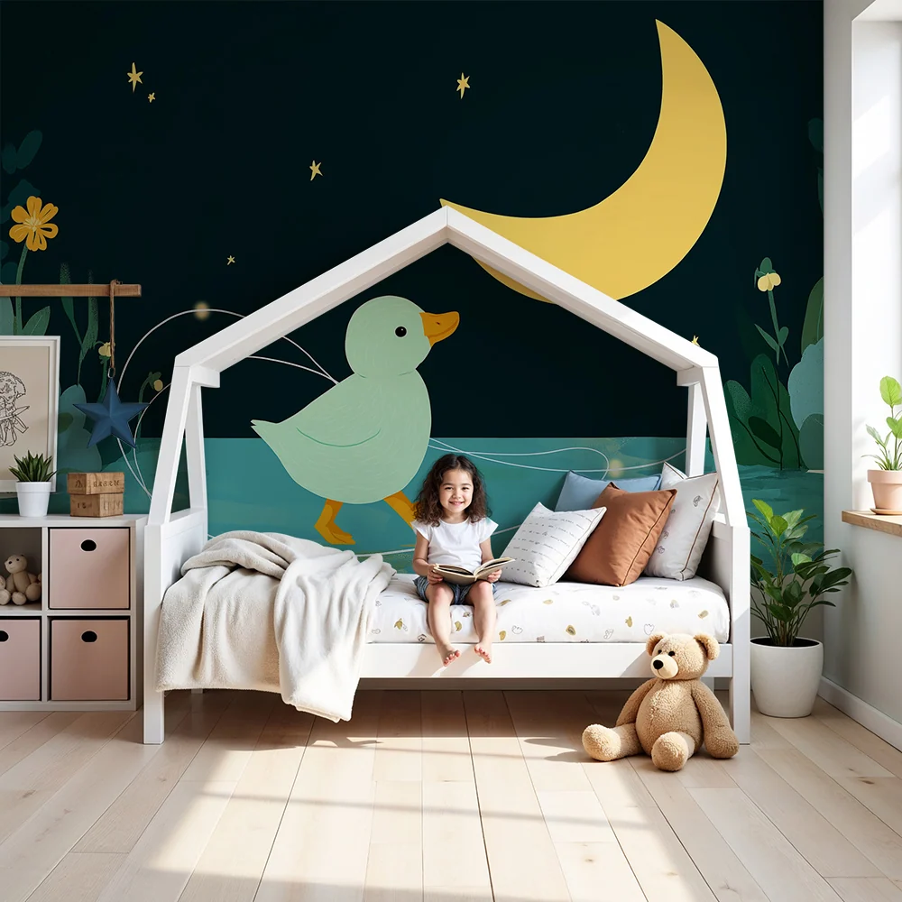 Papier peint chambre bébé | Canard mignon sous la lune avec fleurs et étoiles