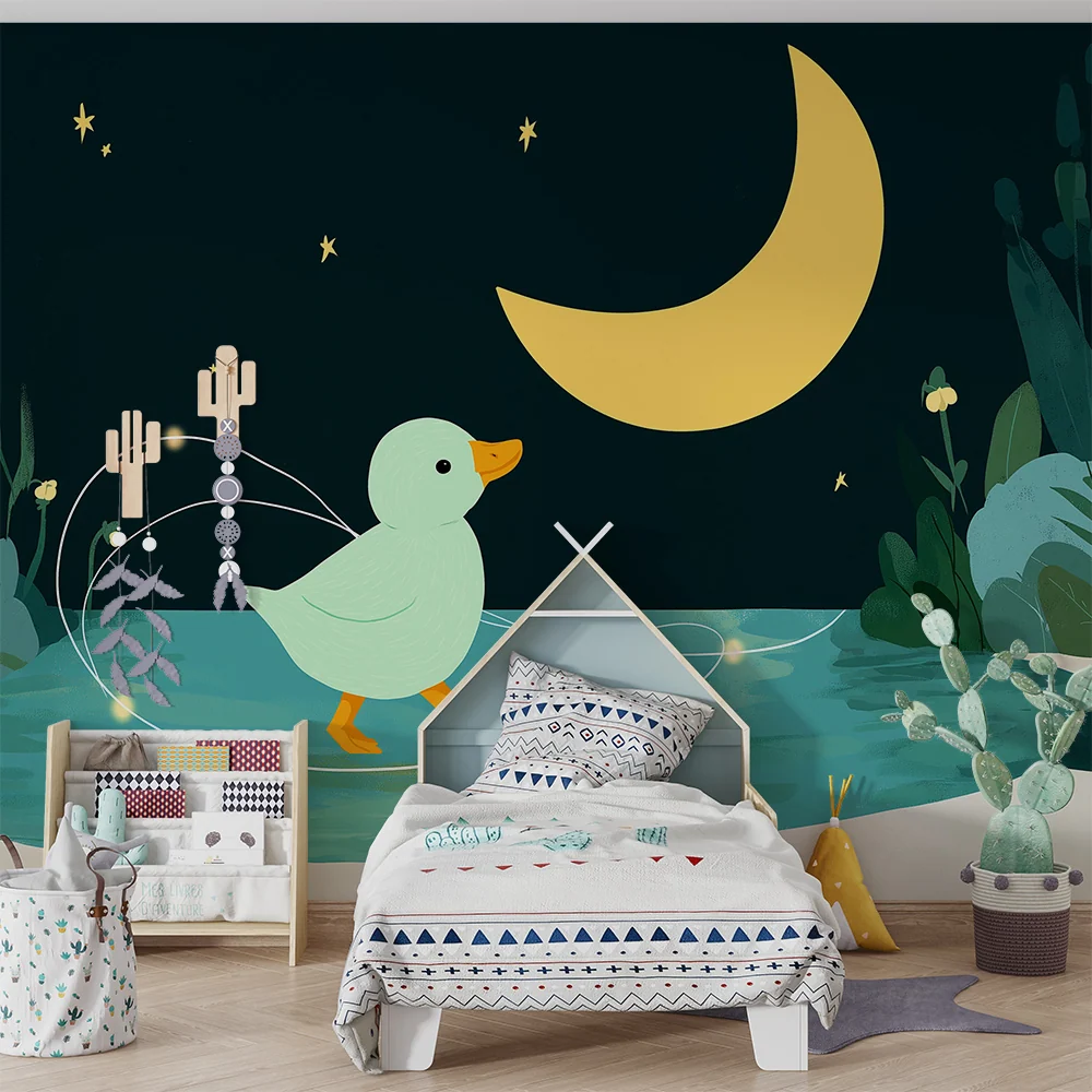 Papier peint chambre bébé | Canard mignon sous la lune avec fleurs et étoiles