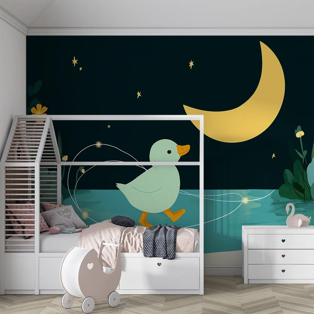 Papier peint chambre bébé | Canard mignon sous la lune avec fleurs et étoiles