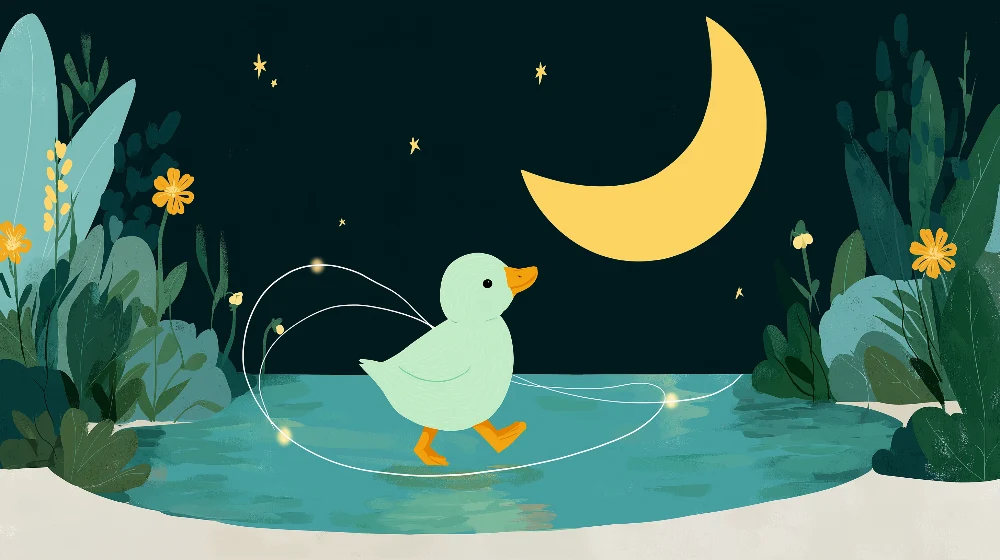 Papier peint chambre bébé | Canard mignon sous la lune avec fleurs et étoiles