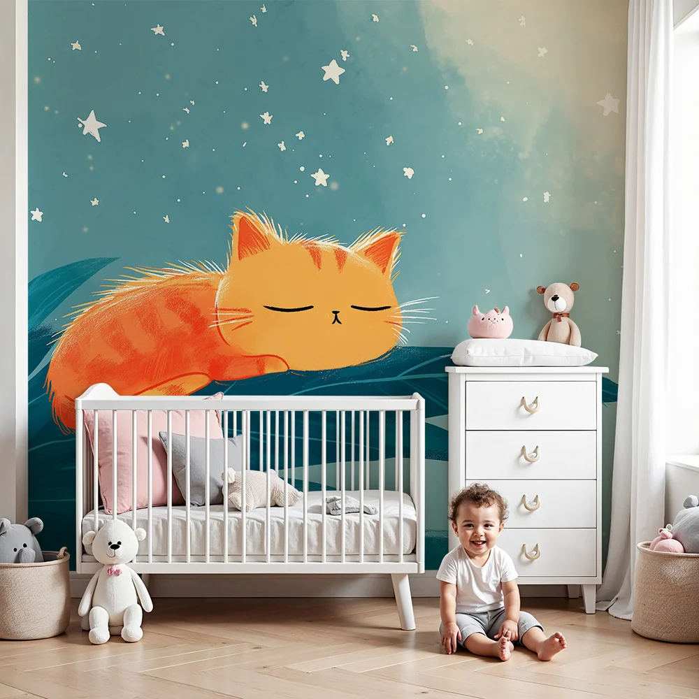 Papier peint chambre bébé | Chaton endormi sous les étoiles