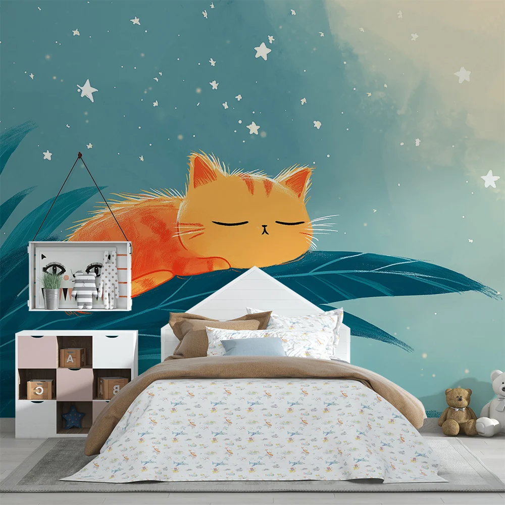 Papier peint chambre bébé | Chaton endormi sous les étoiles