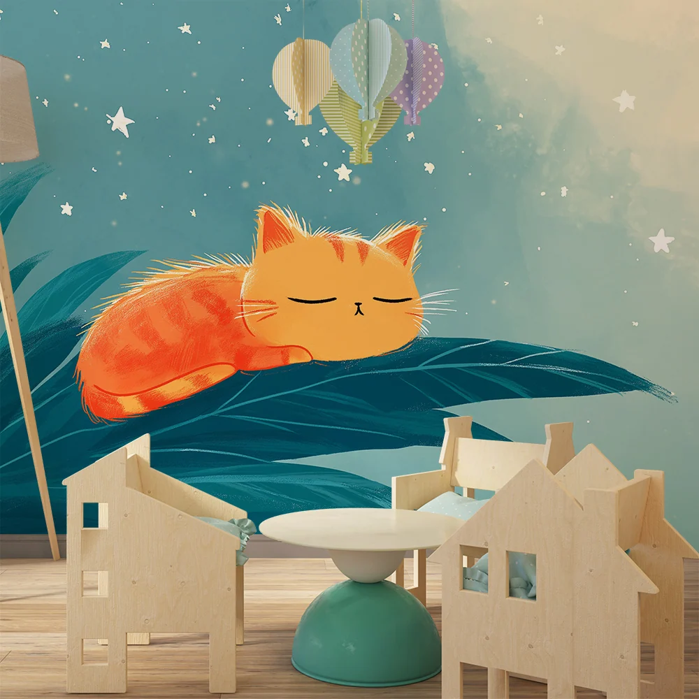 Papier peint chambre bébé | Chaton endormi sous les étoiles