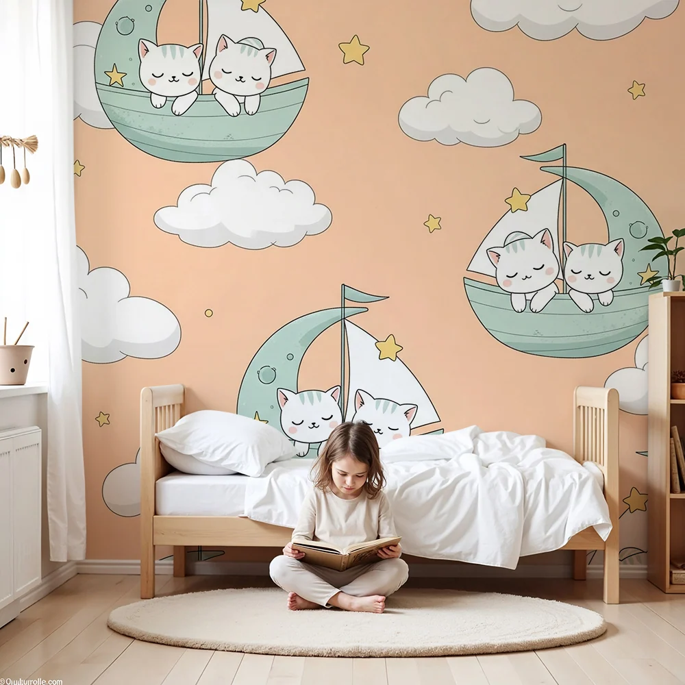 Papier peint chambre bébé | Chats mignons dans des bateaux sur un fond pastel