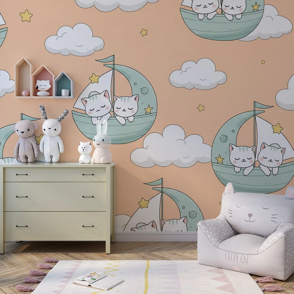 Papier peint chambre bébé | Chats mignons dans des bateaux sur un fond pastel
