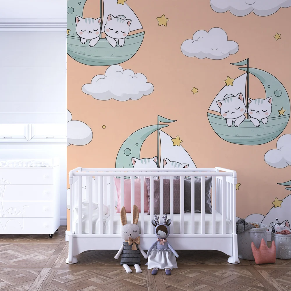 Papier peint chambre bébé | Chats mignons dans des bateaux sur un fond pastel