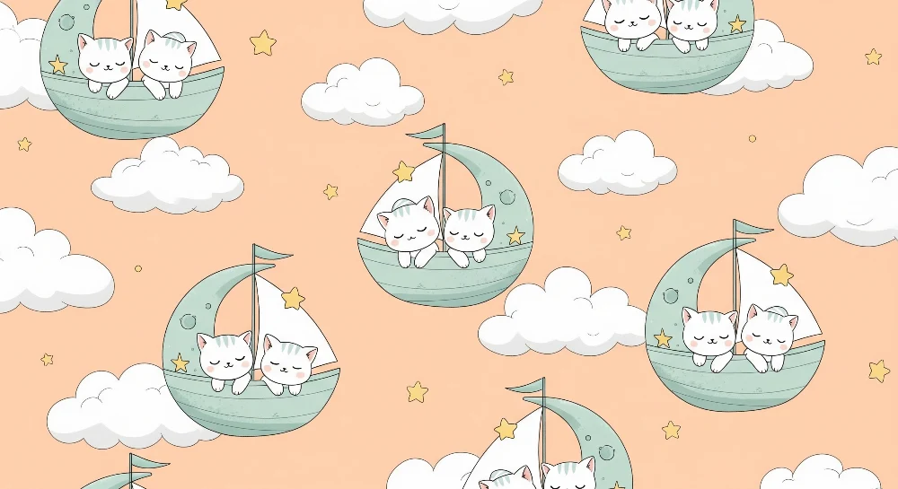 Papier peint chambre bébé | Chats mignons dans des bateaux sur un fond pastel