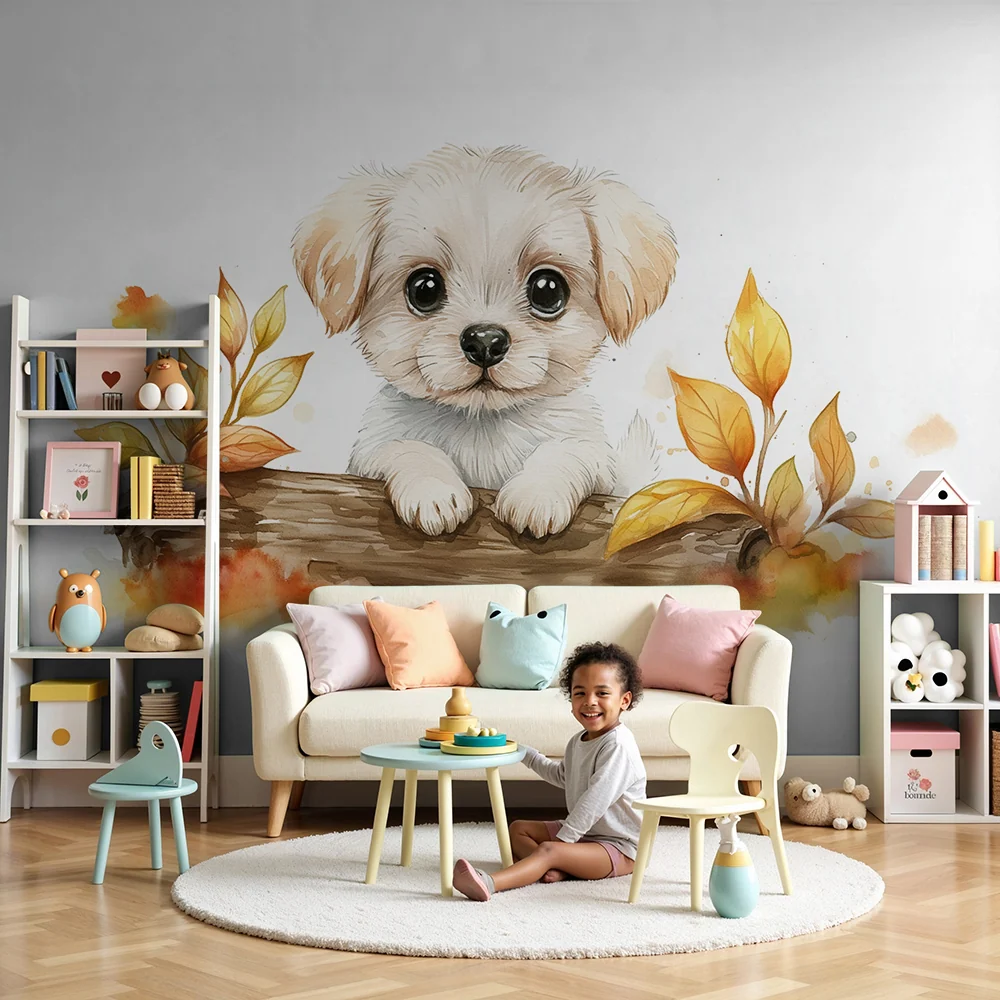 Papier peint chambre bébé | Chiot et feuilles d'automne