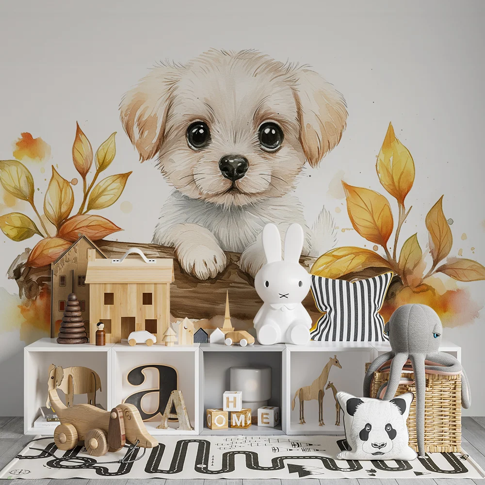 Papier peint chambre bébé | Chiot et feuilles d'automne