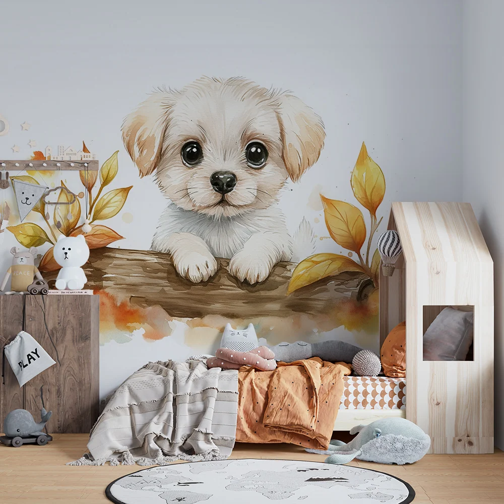 Papier peint chambre bébé | Chiot et feuilles d'automne