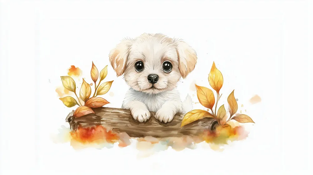 Papier peint chambre bébé | Chiot et feuilles d'automne