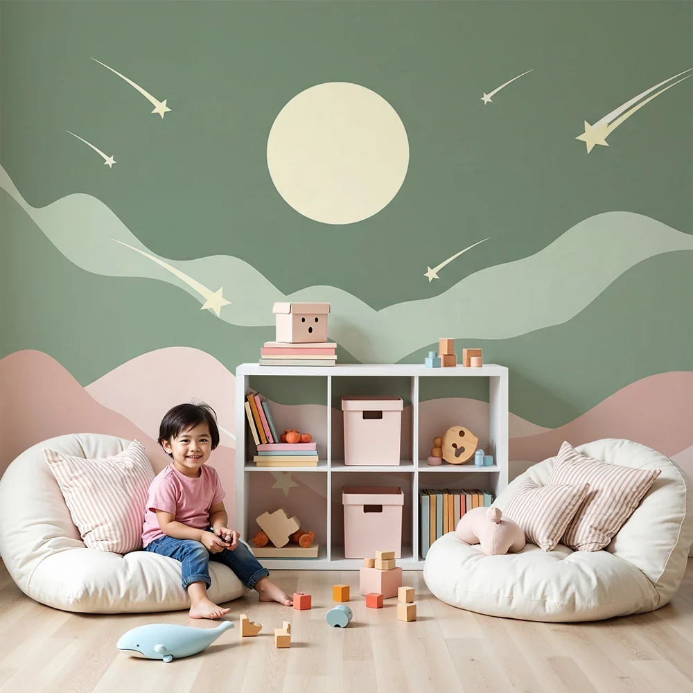 Papier peint chambre bébé | Ciel étoilé avec lune et vagues pastel