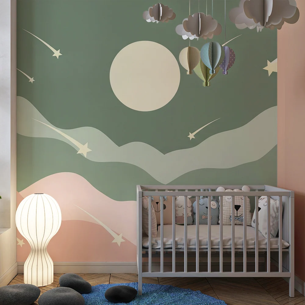 Papier peint chambre bébé | Ciel étoilé avec lune et vagues pastel