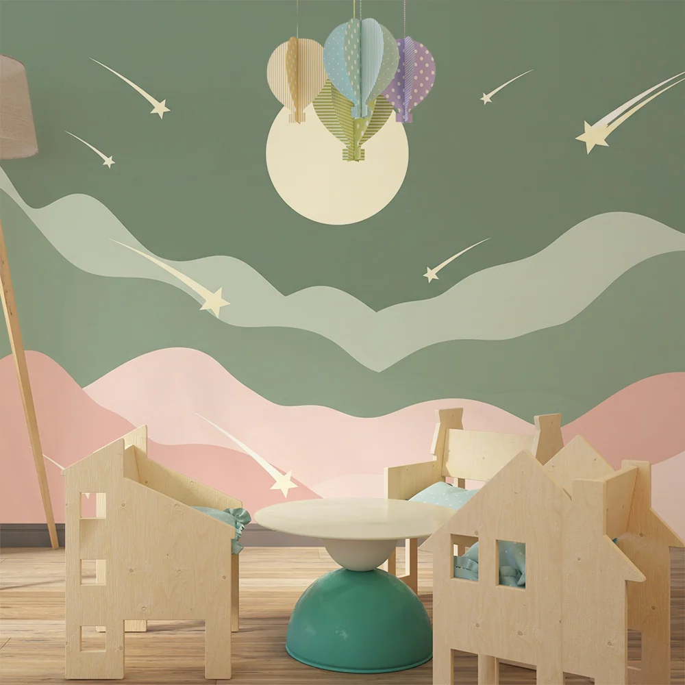 Papier peint chambre bébé | Ciel étoilé avec lune et vagues pastel