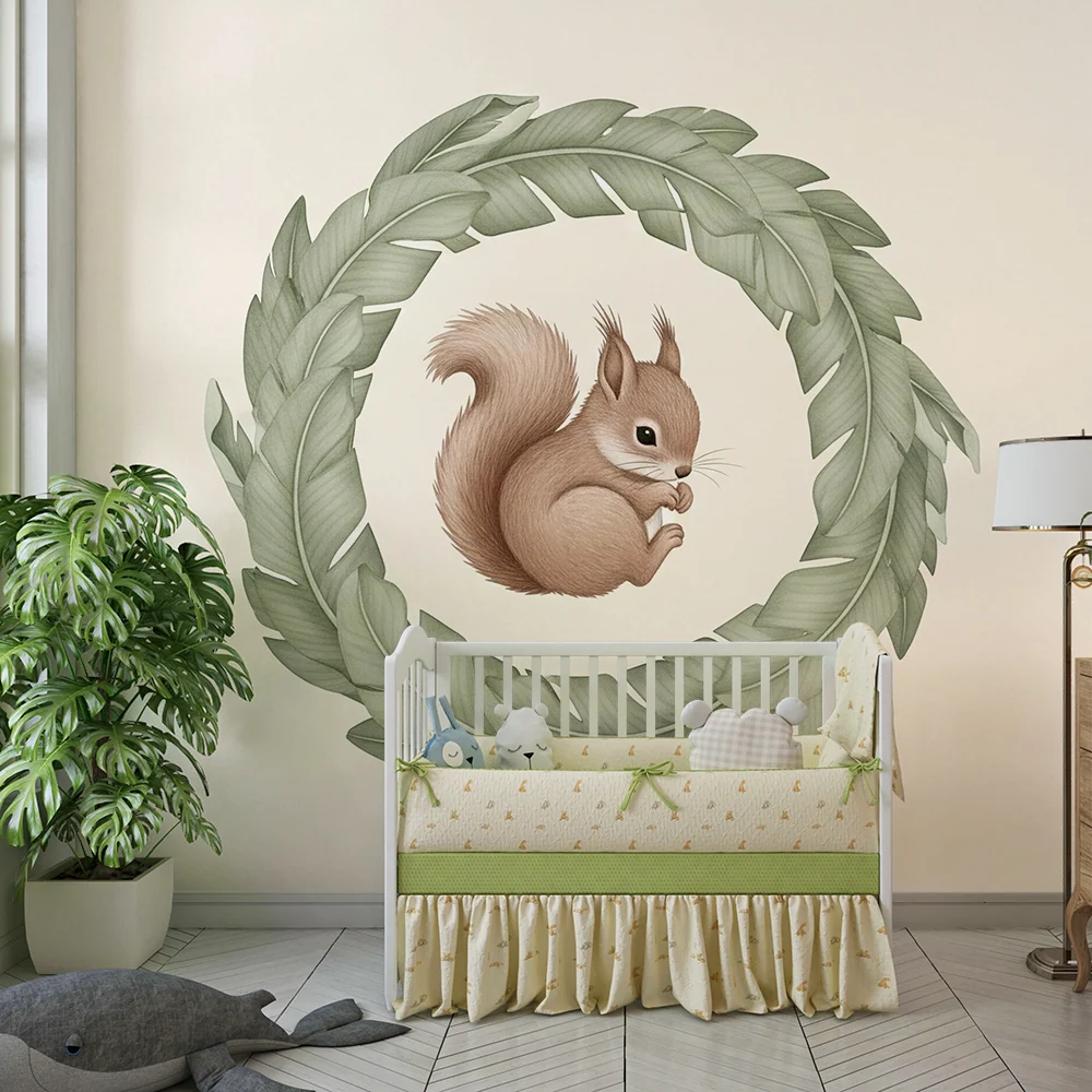 Papier peint chambre bébé | Écureuil dans un cadre de feuilles