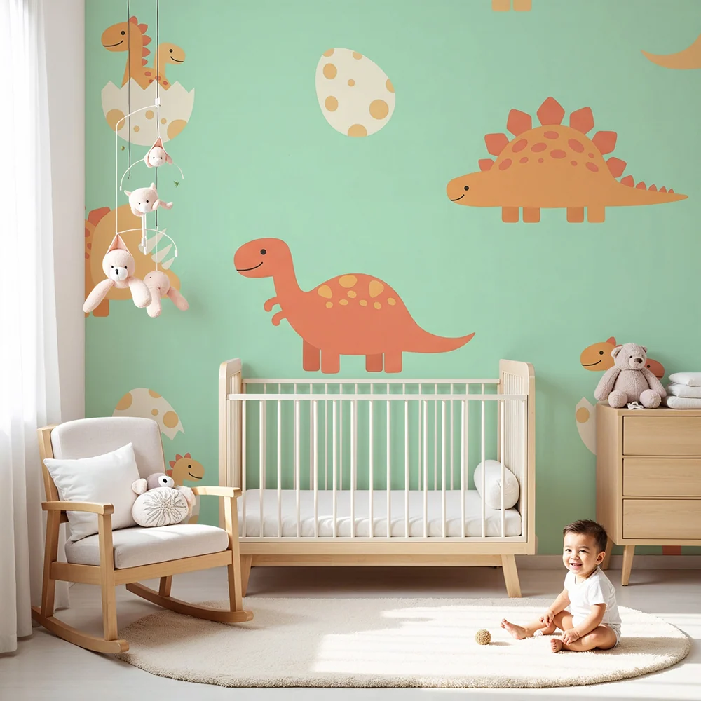 Papier peint chambre bébé | Dinosaures joyeux et œufs colorés sur fond mint
