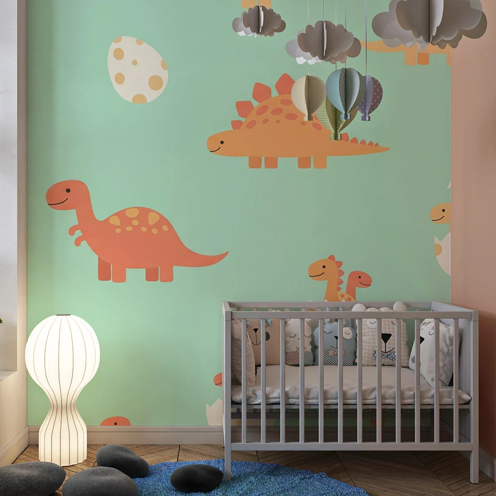 Papier peint chambre bébé | Dinosaures joyeux et œufs colorés sur fond mint