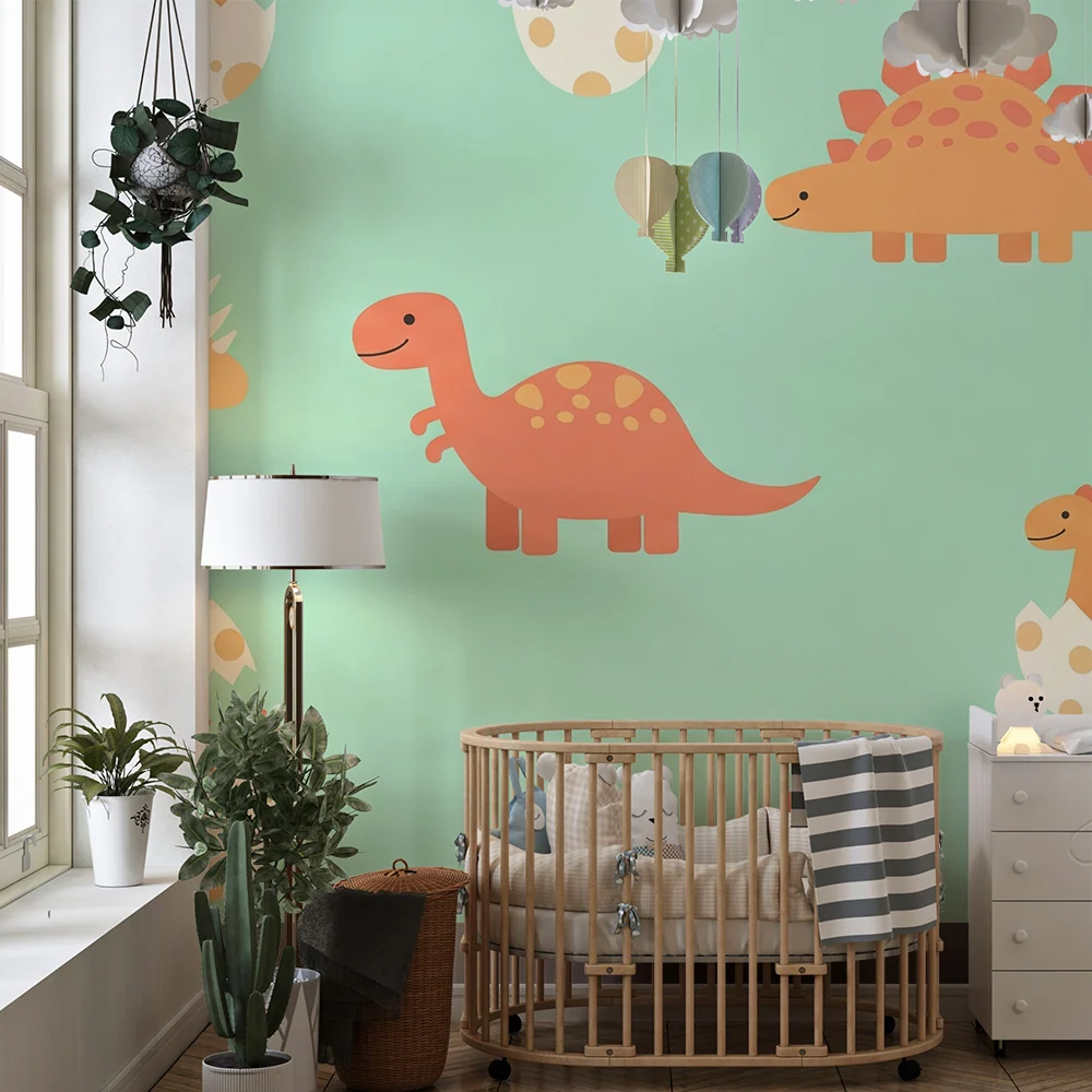 Papier peint chambre bébé | Dinosaures joyeux et œufs colorés sur fond mint