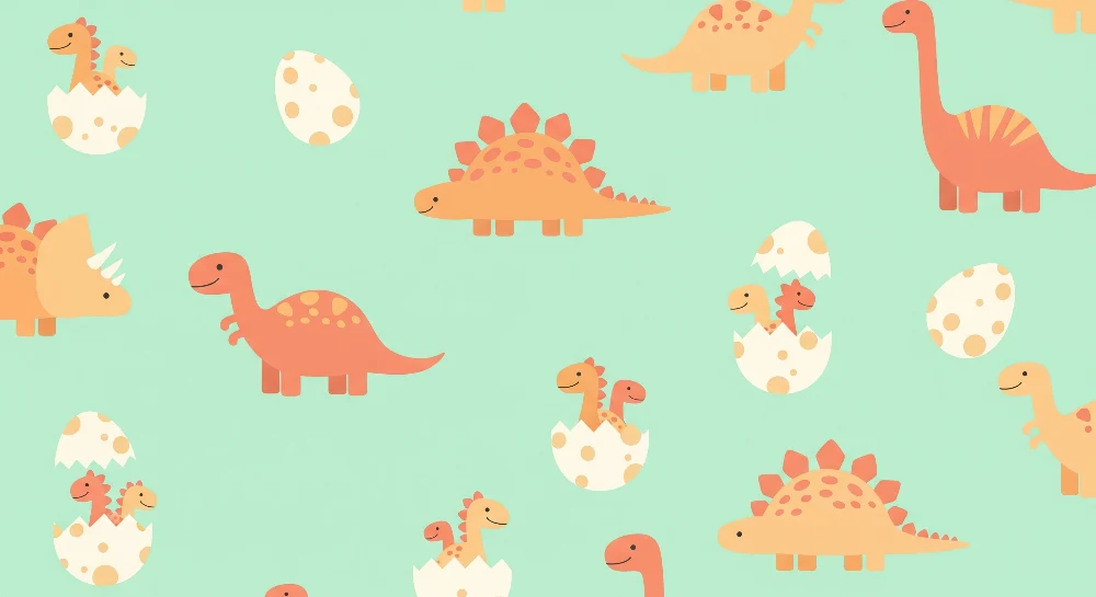 Papier peint chambre bébé | Dinosaures joyeux et œufs colorés sur fond mint
