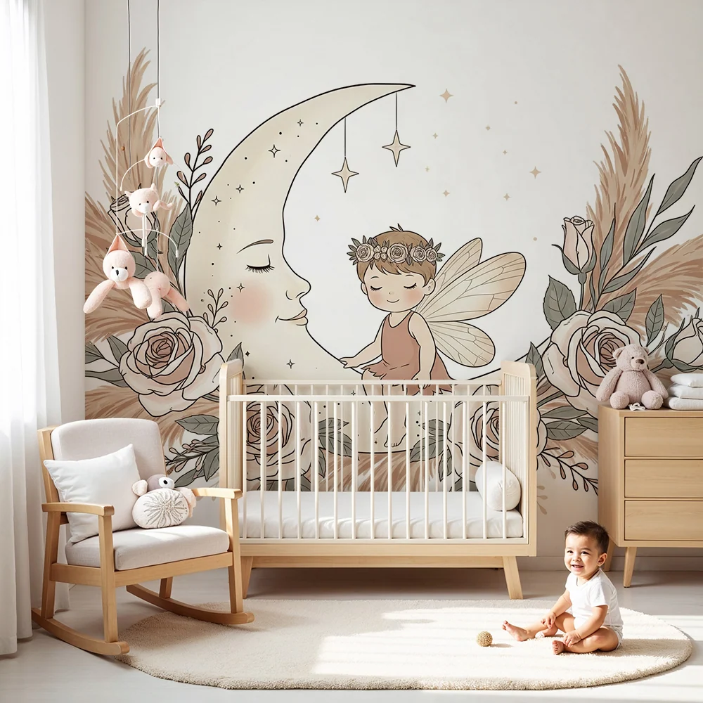 Papier peint chambre bébé | Fée délicate et lune enchantée entourée de fleurs