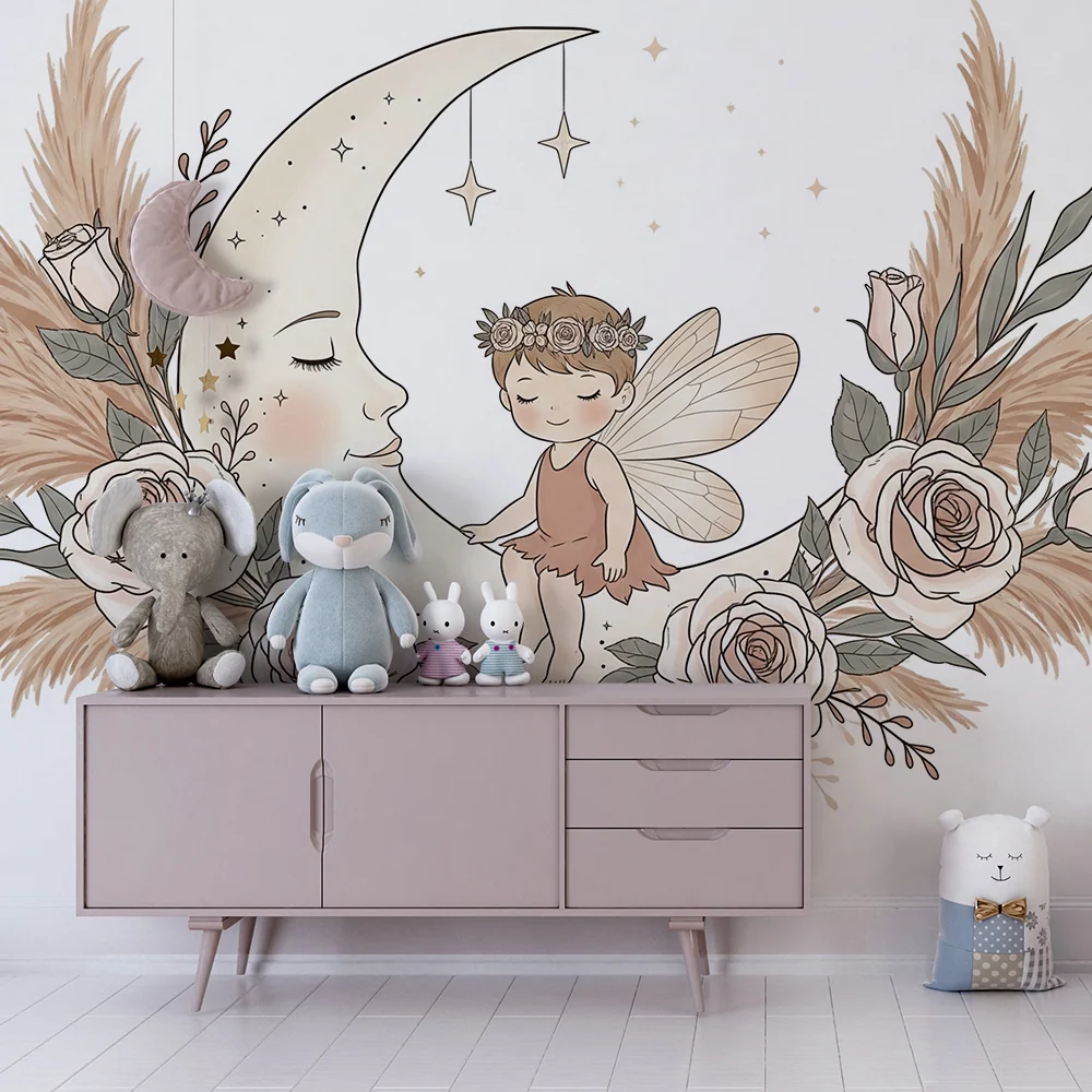 Papier peint chambre bébé | Fée délicate et lune enchantée entourée de fleurs