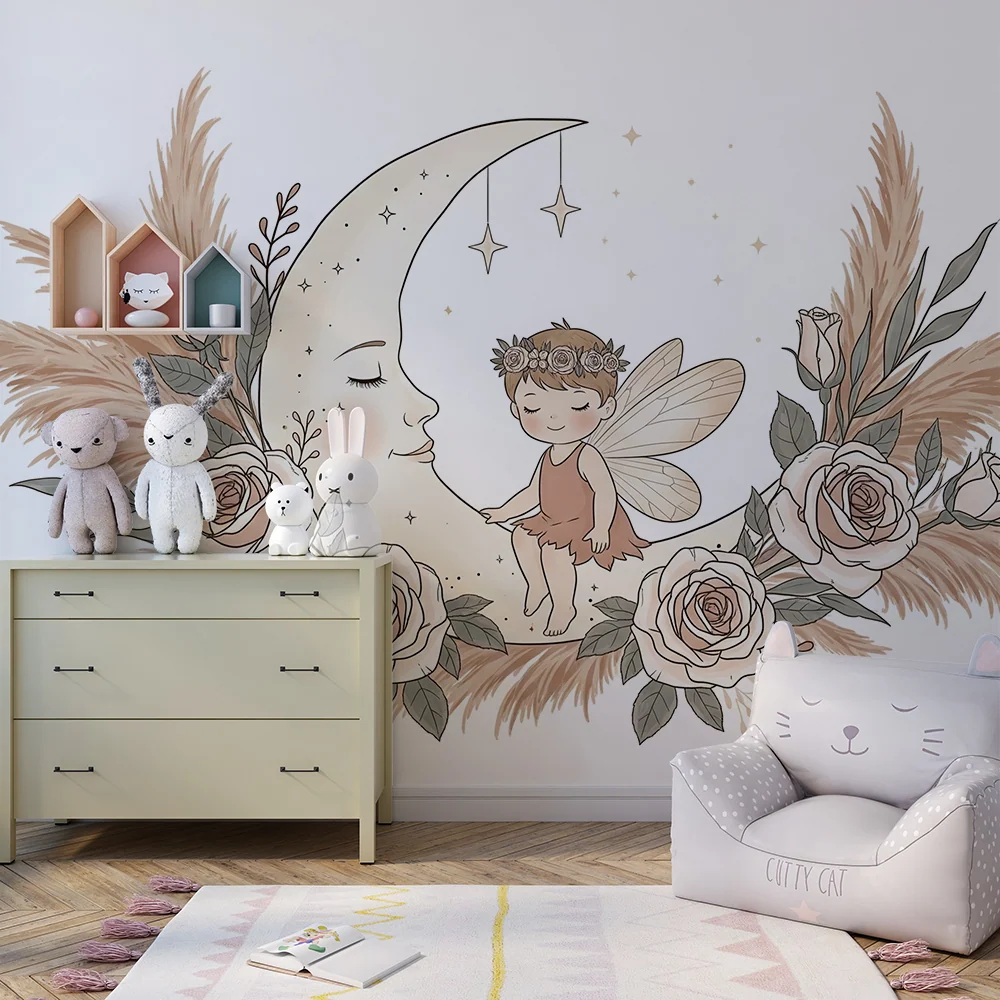 Papier peint chambre bébé | Fée délicate et lune enchantée entourée de fleurs