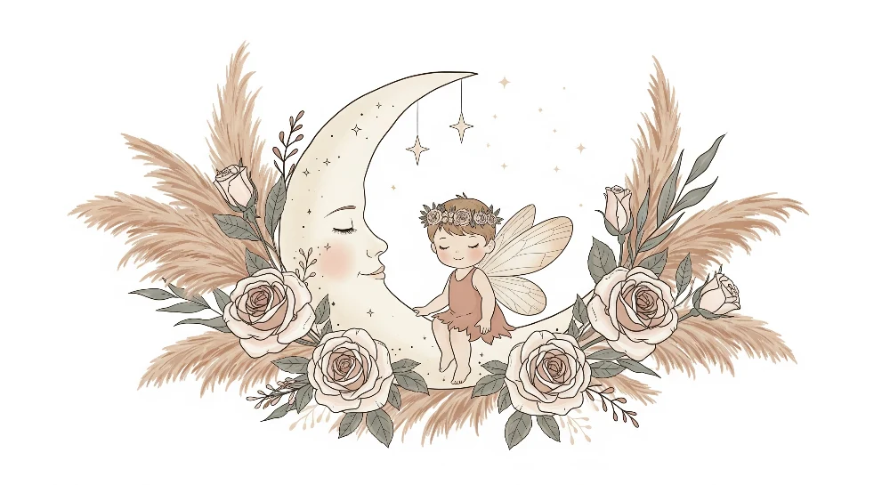 Papier peint chambre bébé | Fée délicate et lune enchantée entourée de fleurs