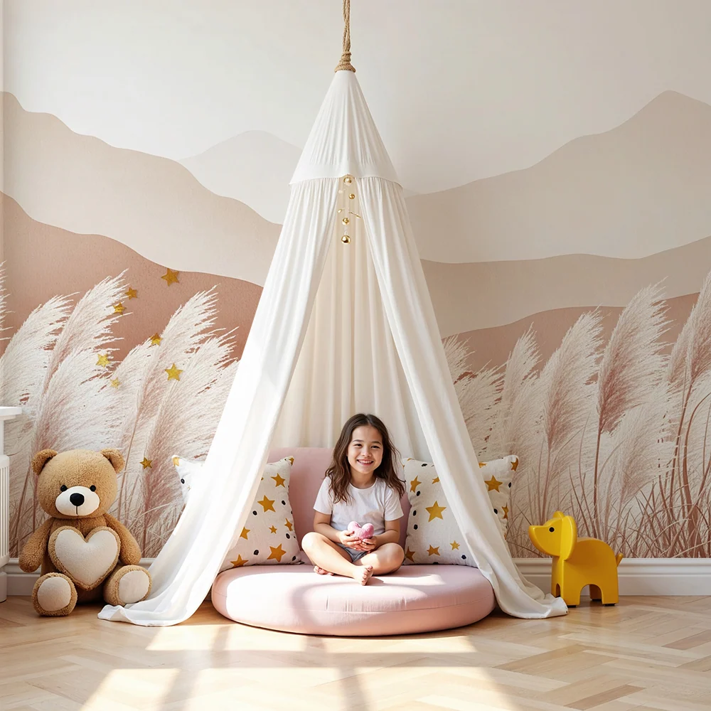 Papier peint chambre bébé | Douces montagnes et herbes pampas dans des tons neutres