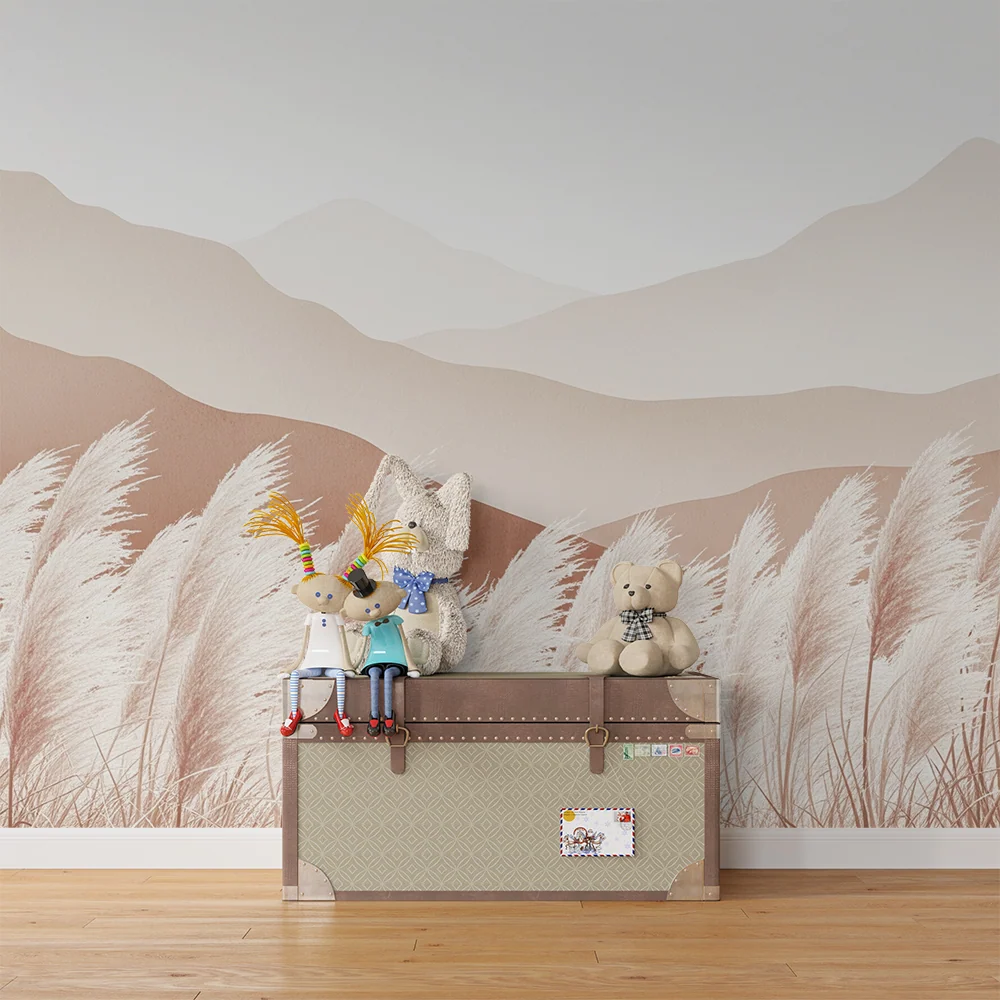 Papier peint chambre bébé | Douces montagnes et herbes pampas dans des tons neutres